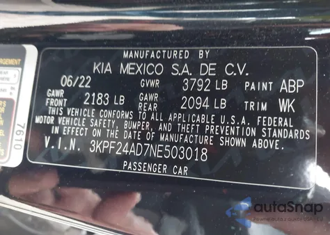 2022 Kia Forte Lxs z USA, uszkodzony, nr VIN 3KPF24AD7NE503018